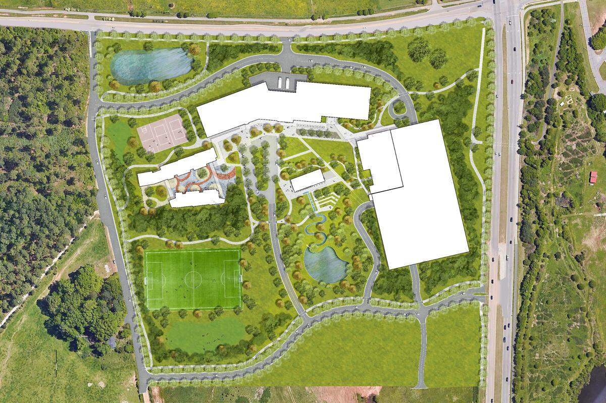 An aeriel rendering for the future Bandwidth corporate headquarters on Edwards Mill Road in Raleigh.