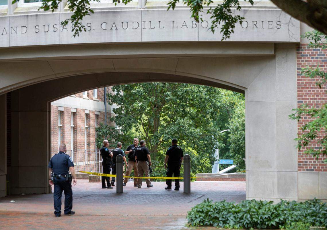 The University of North Carolina Campus Police secure the Caudill Laboratories Building after a report of an armed and dangerous person on Monday, August 28. 2023 in Chapel Hill, N.C.