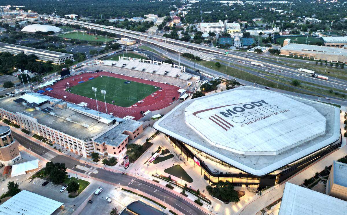 A general overall aerial view of the Moody Center and the Mike A. Myers Stadium at the University of Texas.