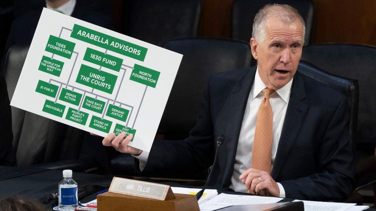 Sen. Thom Tillis, R-N.C., holds a visual aid as he questions Supreme Court nominee Ketanji Brown Jackson during her Senate Judiciary Committee confirmation hearing on Capitol Hill in Washington, Wednesday, March 23, 2022.