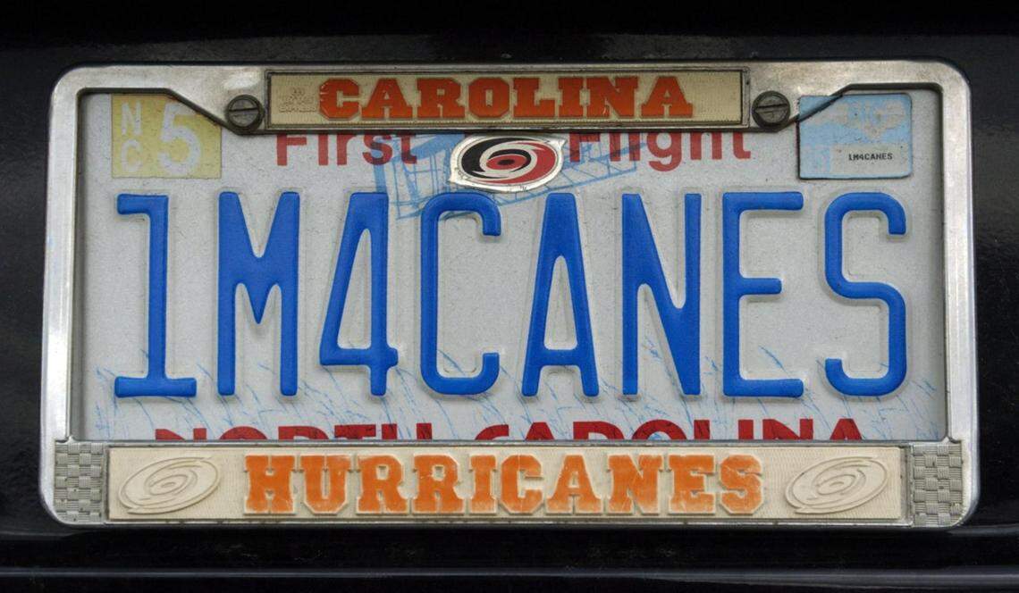 A Carolina Hurricanes fan’s license plate photographed Dec. 11, 2004, in the parking lot of the RBC Center, now known as the Lenovo Center.