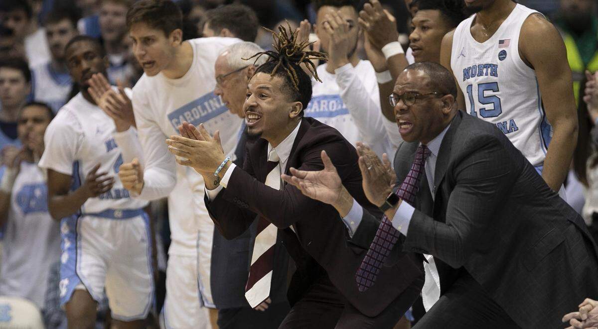 North Carolina’s Cole Anthony, out with an injury, leads the cheers on the Tar Heels’ bench during the first half against Pittsburgh on Wednesday, January 8, 2020 at the Smith Center in Chapel Hill, N.C.