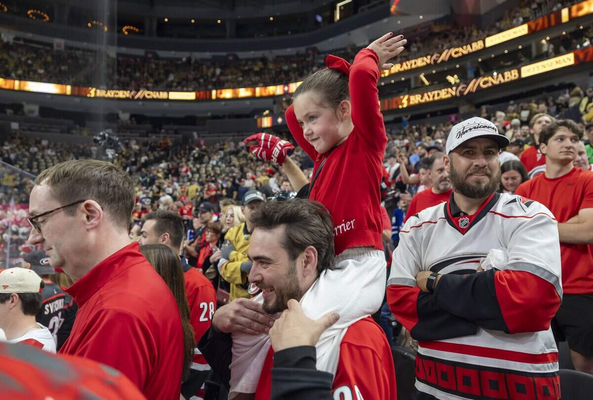 Gabriel Carrier watches her father William Carrier (28) warm up with the Carolina Hurricanes prior to Game 6 of the Stanley Cup Final, on Sunday, June 14, 2026 at T-Mobile Arena in Las Vegas, NV.
