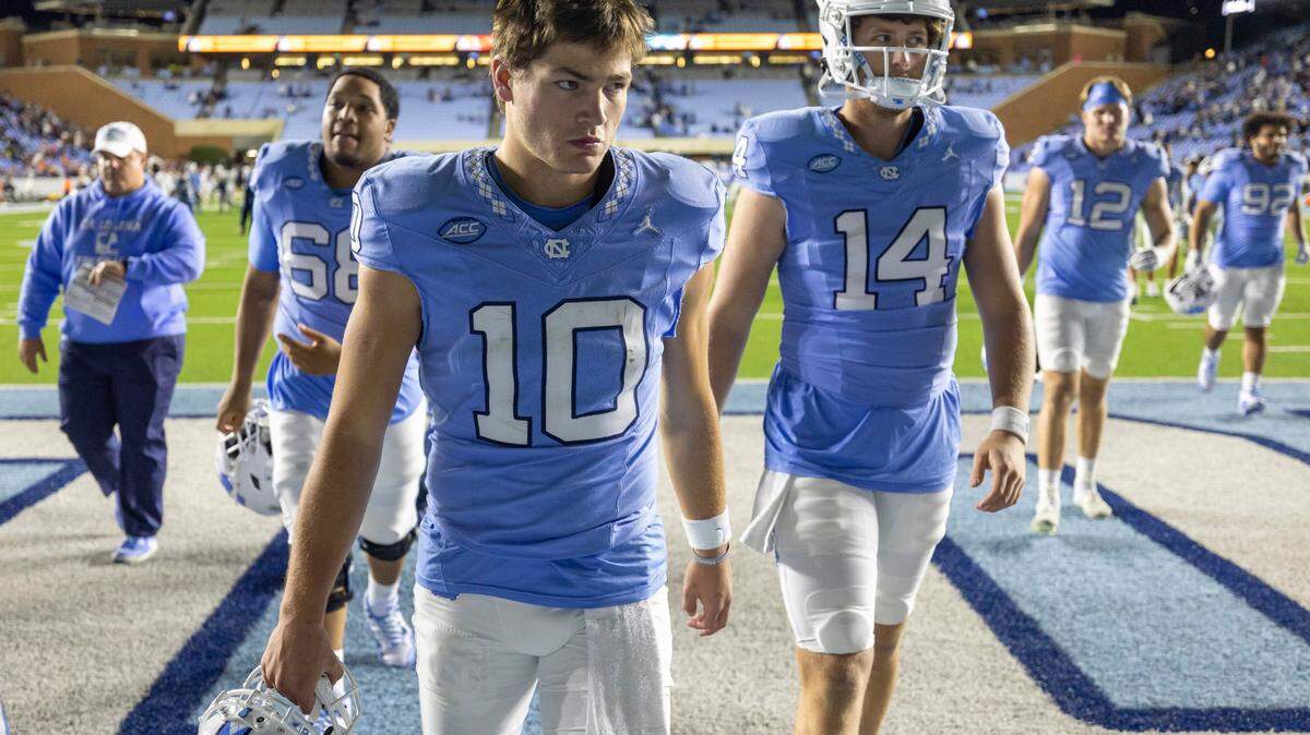 North Carolina quarterback Drake Maye (10) leaves the field following the Tar Heels’ 31-27 loss to Virginia on Saturday, October 21, 2023 at Kenan Stadium in Chapel Hill, N.C. Maye was intercepted on the final drive of the game securing the win for the Cavaliers.