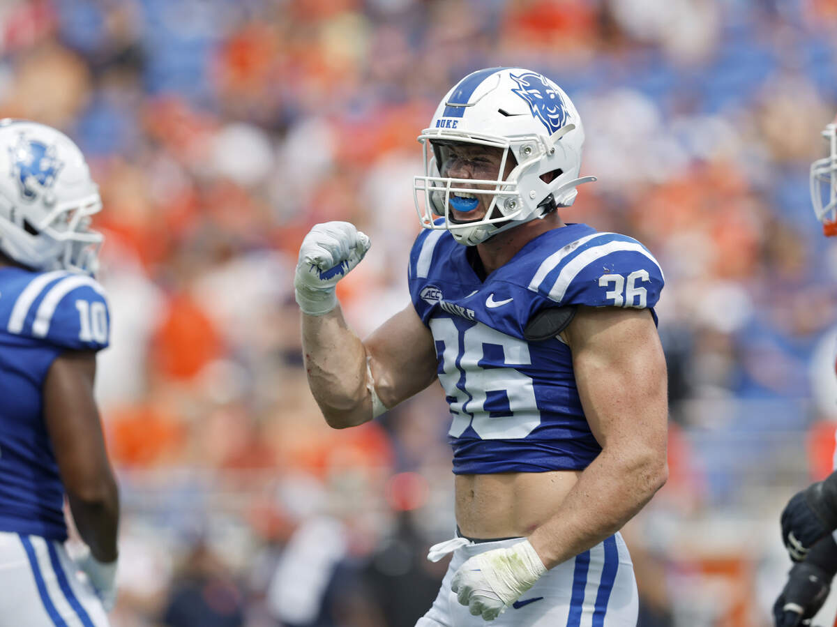 Duke’s Nick Morris Jr. reacts following an Illinois penalty during the second half of the Blue Devils’ 45-19 loss on Saturday, Sept. 6, 2025, at Wallace Wade Stadium in Durham, N.C.