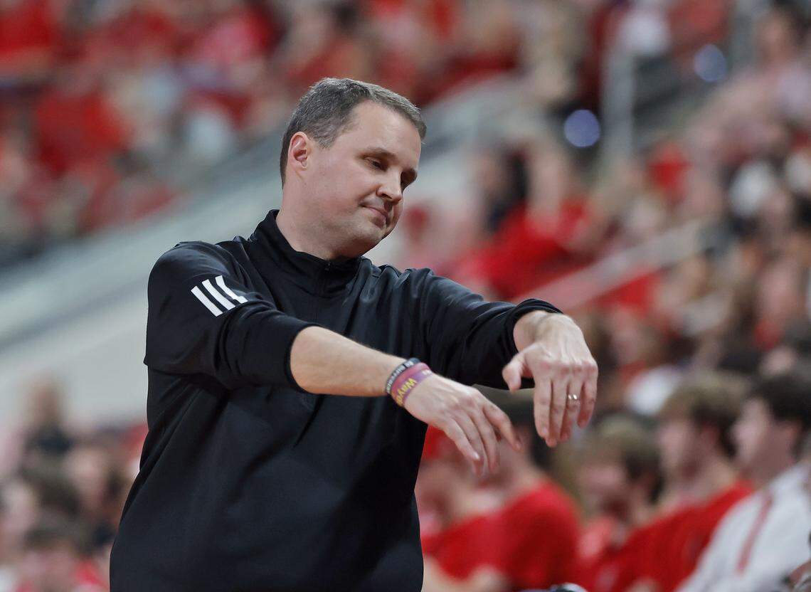 N.C. State's head coach Will Wade reacts on the sidelines during the second half of the Wolfpack’s 85-84 loss to Stanford on Saturday, March 7, 2026, at Lenovo Center in Raleigh, N.C.