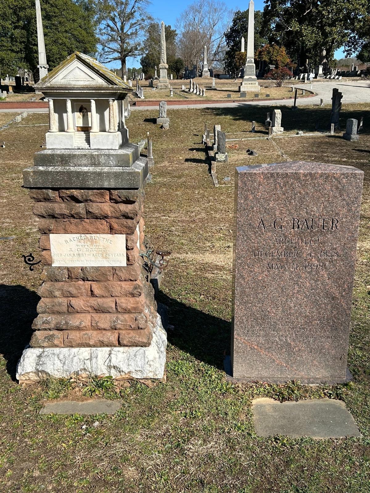 A.G. and Rachel Blythe Bauer, doomed lovers side-by-side in Raleigh’s Oakwood Cemetery