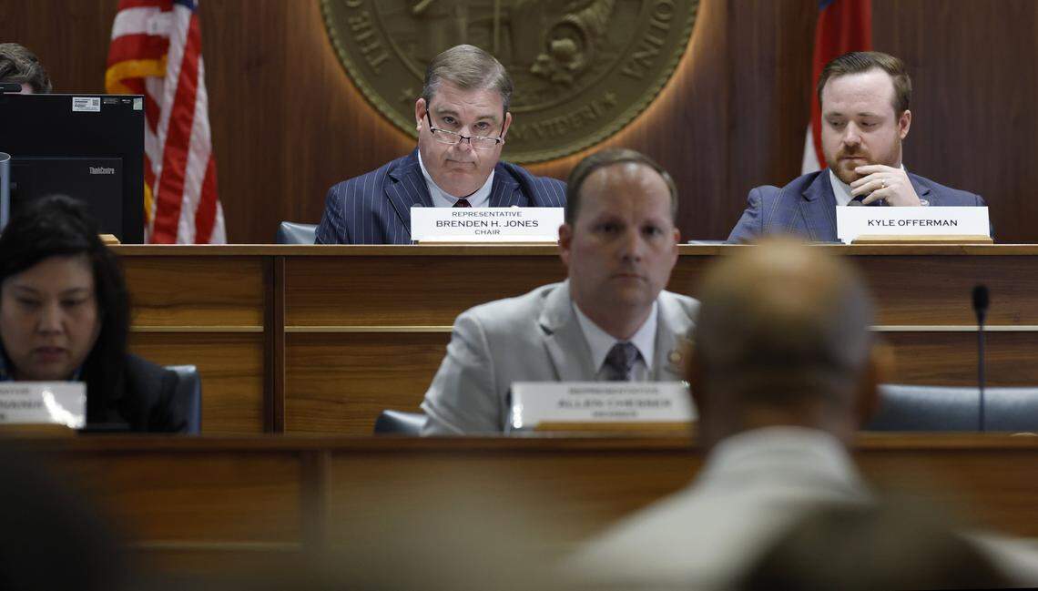 N.C. Rep. Brenden Jones questions Chapel Hill-Carrboro City Schools Superintendent Rodney Trice during a meeting of the House Oversight Committee in Raleigh, N.C. Thursday, April 23, 2026.