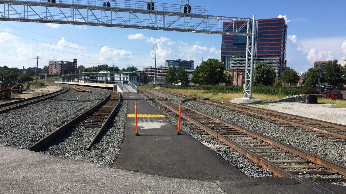 All Piedmont and Carolinian Amtrak trains will be canceled on Monday, Sept. 17, so that the second track to the new platform at Raleigh Union Station can be connected to the mainline. When the track, seen on the left here from Cabarrus Street, is completed, trains will be able to use both sides of the platform.