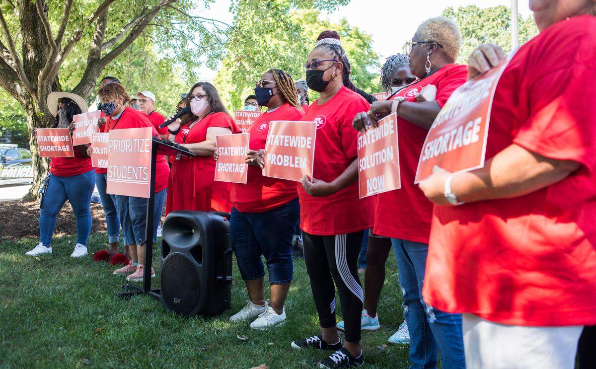Wake County bus drivers and the county’s chapter of the N.C. Association of Educators discuss the impacts of driver shortages on drivers and students at a press conference outside the General Assembly in Raleigh, N.C. on Friday, Sept. 10, 2021.