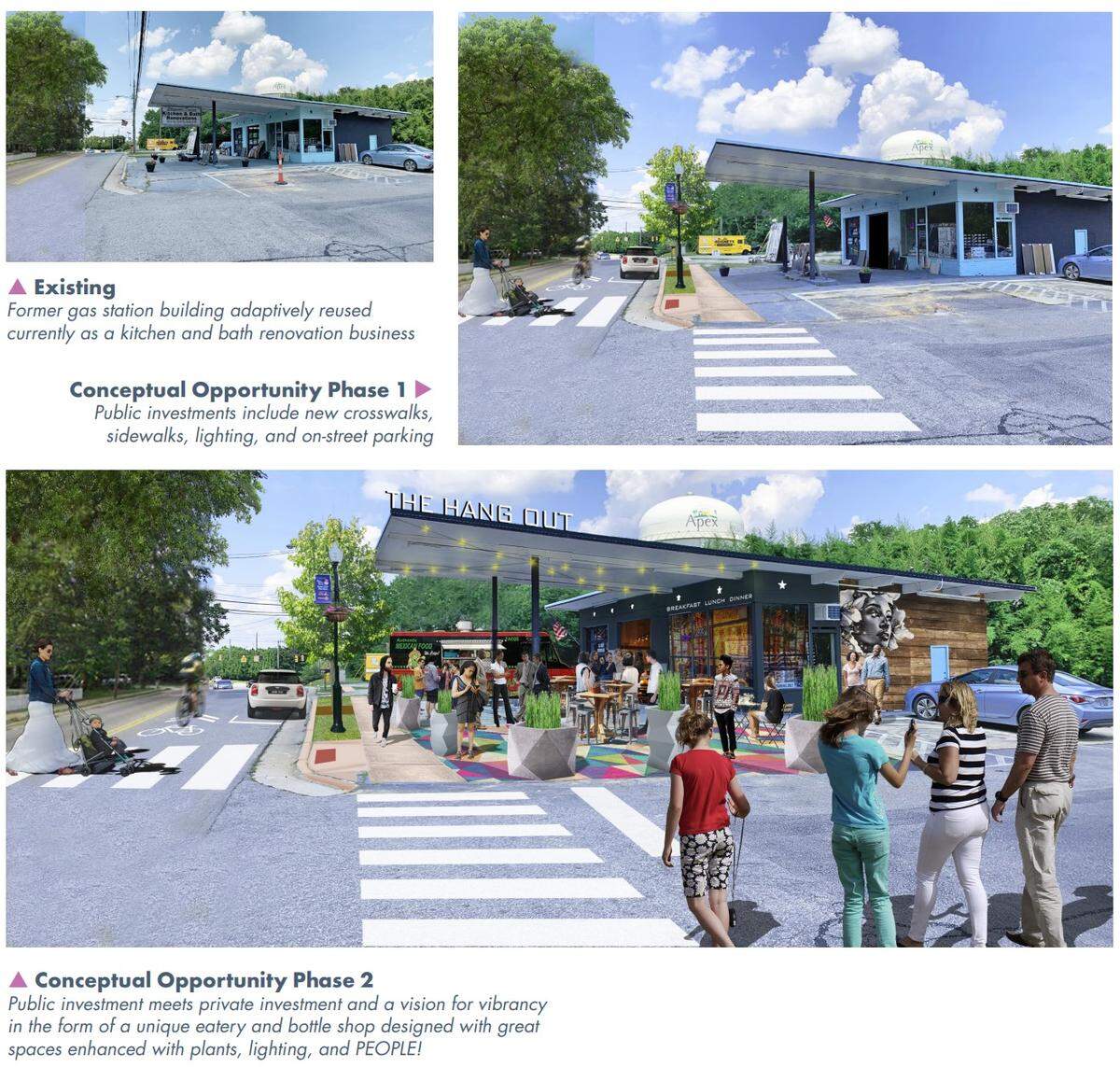 The Apex Downtown Master Plan shows renderings of redeveloped areas next to images of what they currently look like.