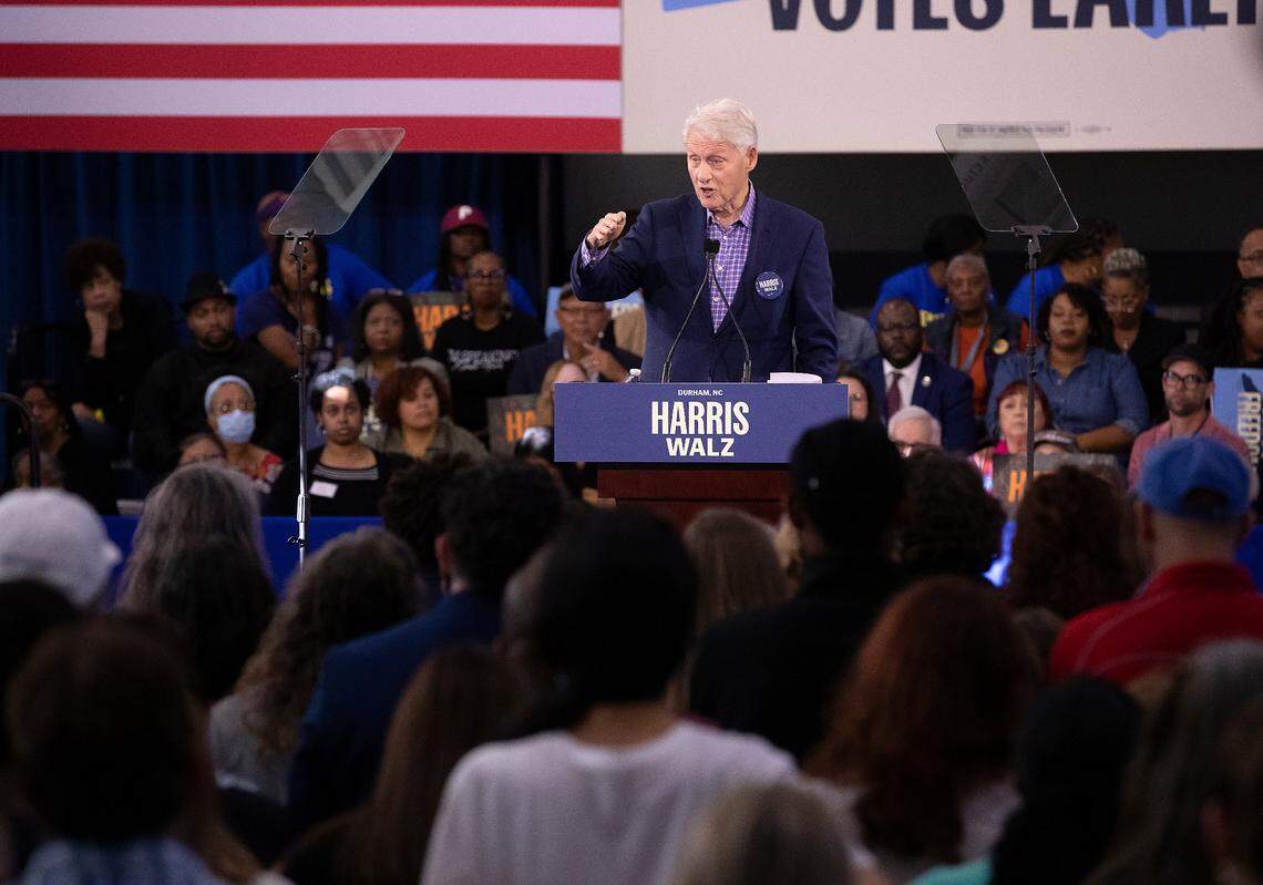 Former President Bill Clinton speaks during a rally at the Community Family Life & Recreation Center at Lyon Park on Thursday, Oct. 17, 2024, in Durham, N.C.