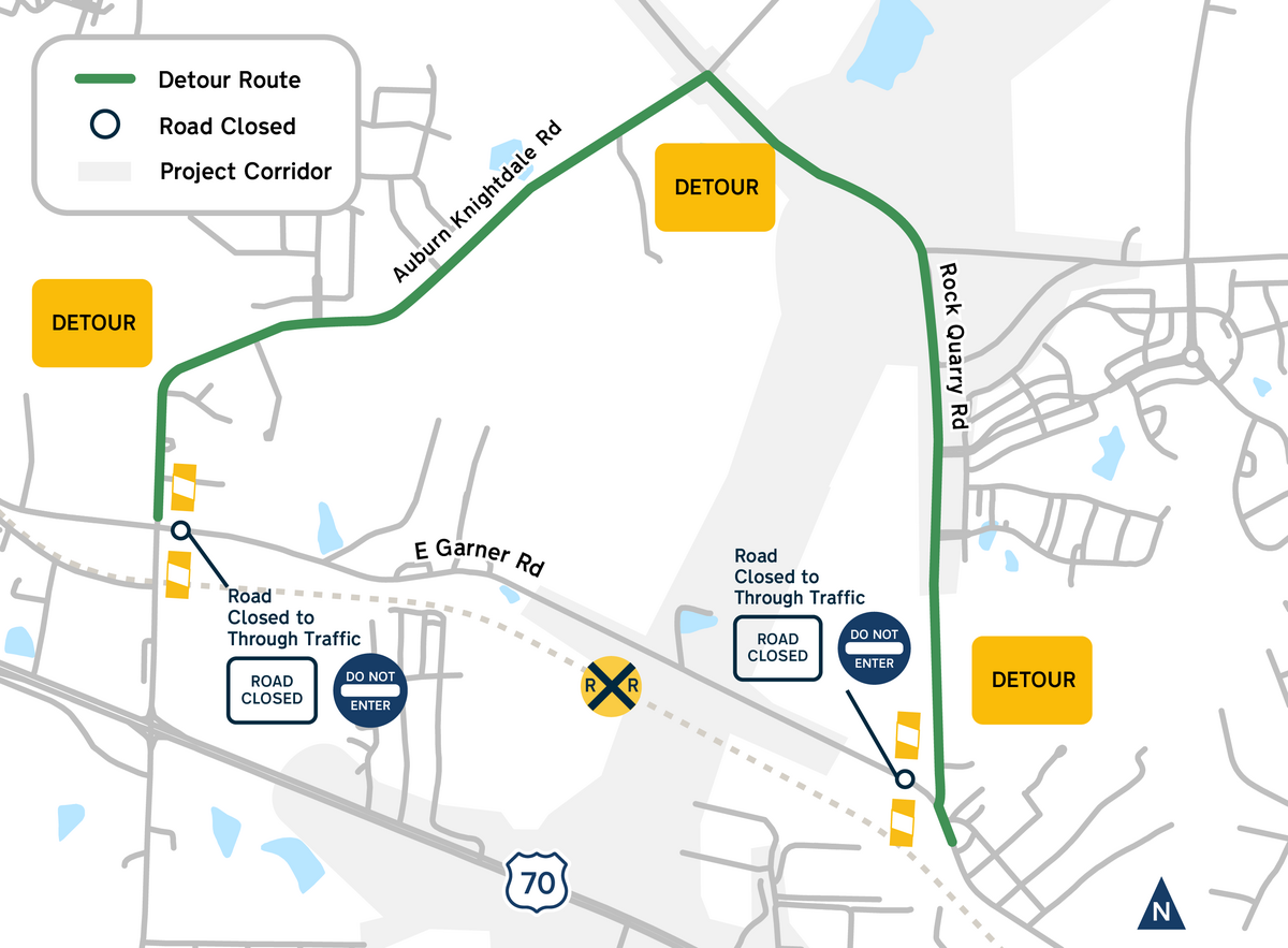 A section of East Garner Road will be closed for about seven weeks starting July 13, 2026. This map shows the detour for through traffic.