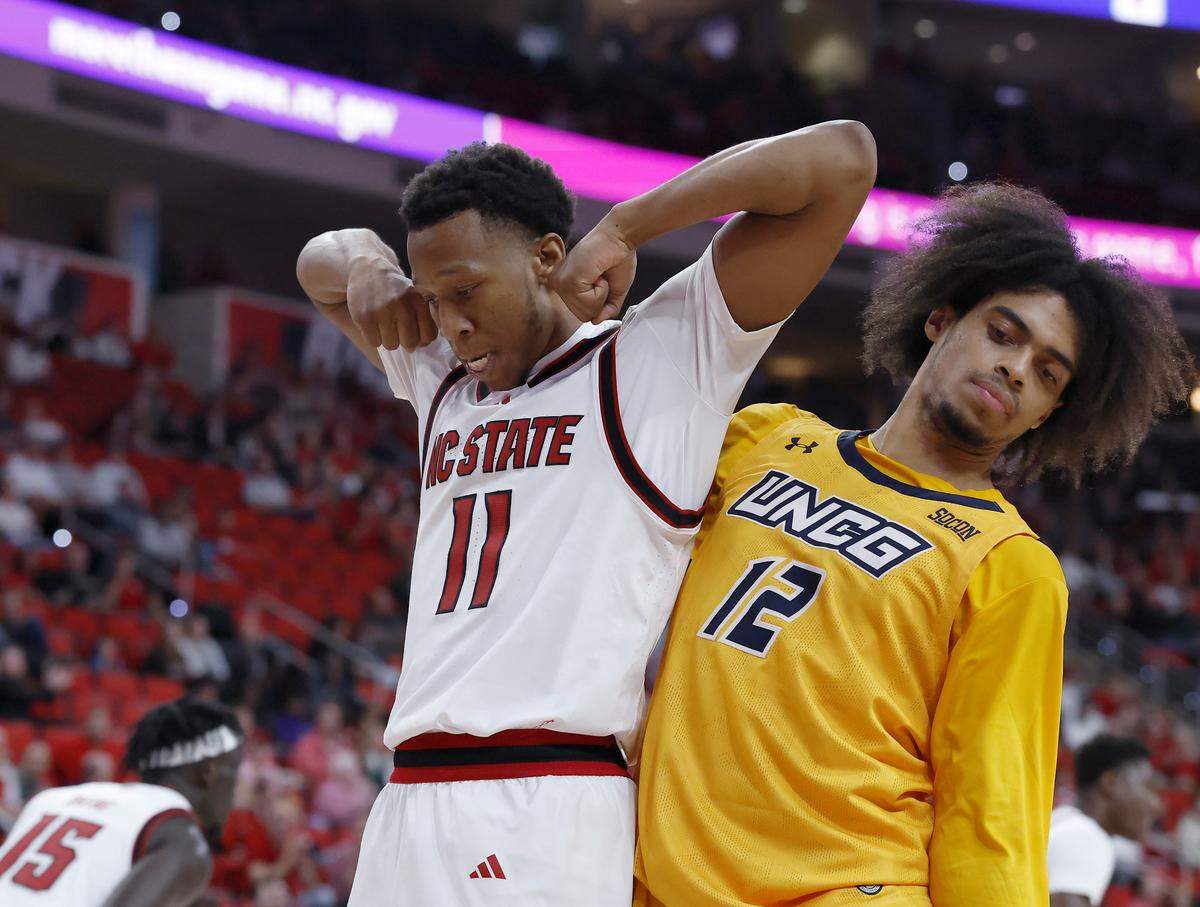 N.C. State’s Quadir Copeland reacts after scoring during the second half of the Wolfpack’s 110-64 win over UNC Greensboro on Wednesday, Nov. 12, 2025, at Lenovo Center in Raleigh, N.C.
