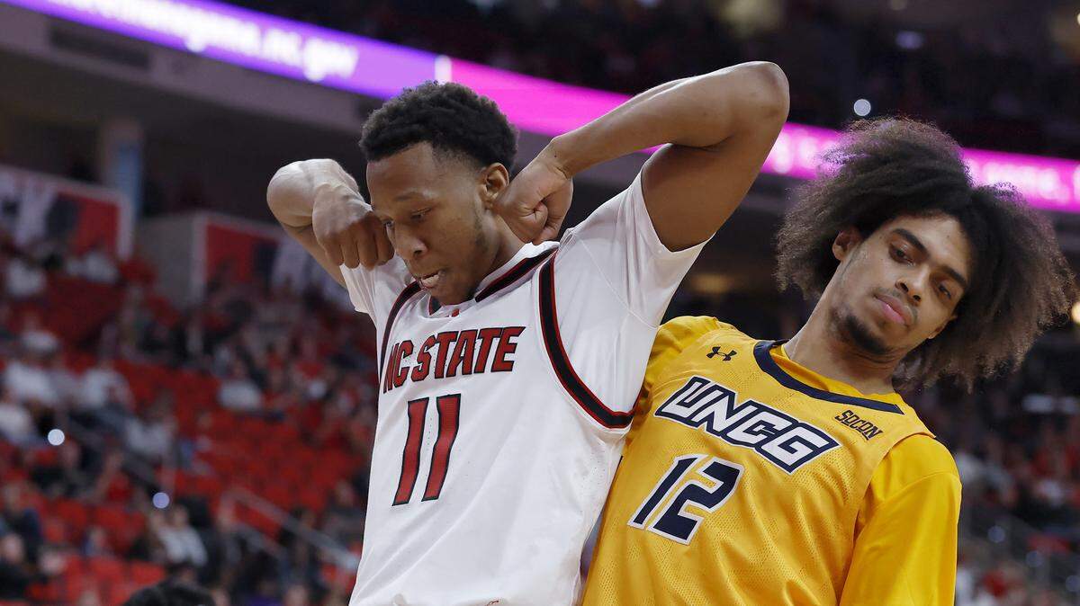 N.C. State’s Quadir Copeland reacts after scoring during the second half of the Wolfpack’s 110-64 win over UNC Greensboro on Wednesday, Nov. 12, 2025, at Lenovo Center in Raleigh, N.C.