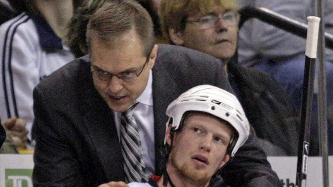 The Carolina Hurricanes’ head coach Paul Maurice directs Eric Staal (12) during first period action of Game 2 of an NHL playoff between the Carolina Hurricanes and the Boston Bruins at the TD Banknorth Garden in Boston, MA on Sunday May 3, 2009. staff/Chris Seward chris.seward@newsobserver.com