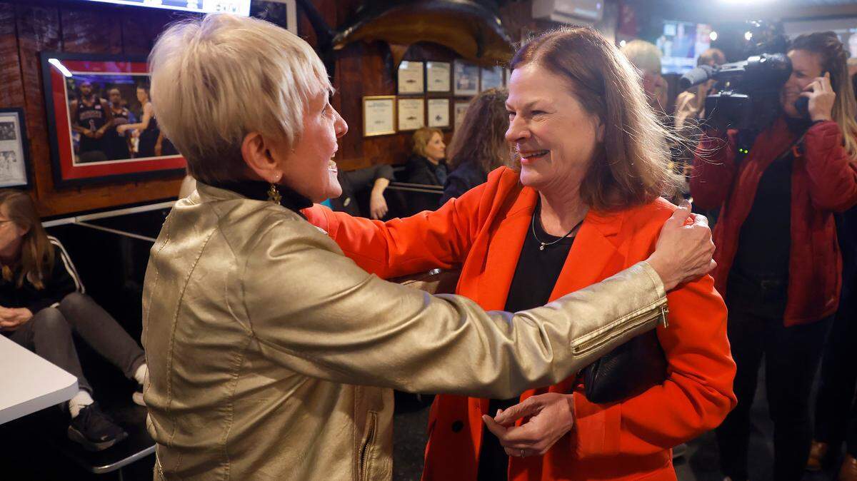 Raleigh Mayor Mary-Ann Baldwin greets supporter Linda Shields at an election night party at the Players Retreat in Raleigh, N.C., Tuesday, Nov. 8, 2022.