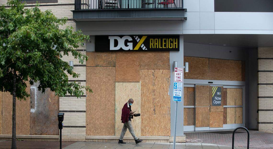 The Dollar General Express at 149 E. Davie Street recently re-opened after being looted and burned during protests in May and June of 2020. The windows and entrance have been boarded up in anticipation of protests and demonstrations this weekend on Friday, September 25, 2020 in Raleigh, N.C.