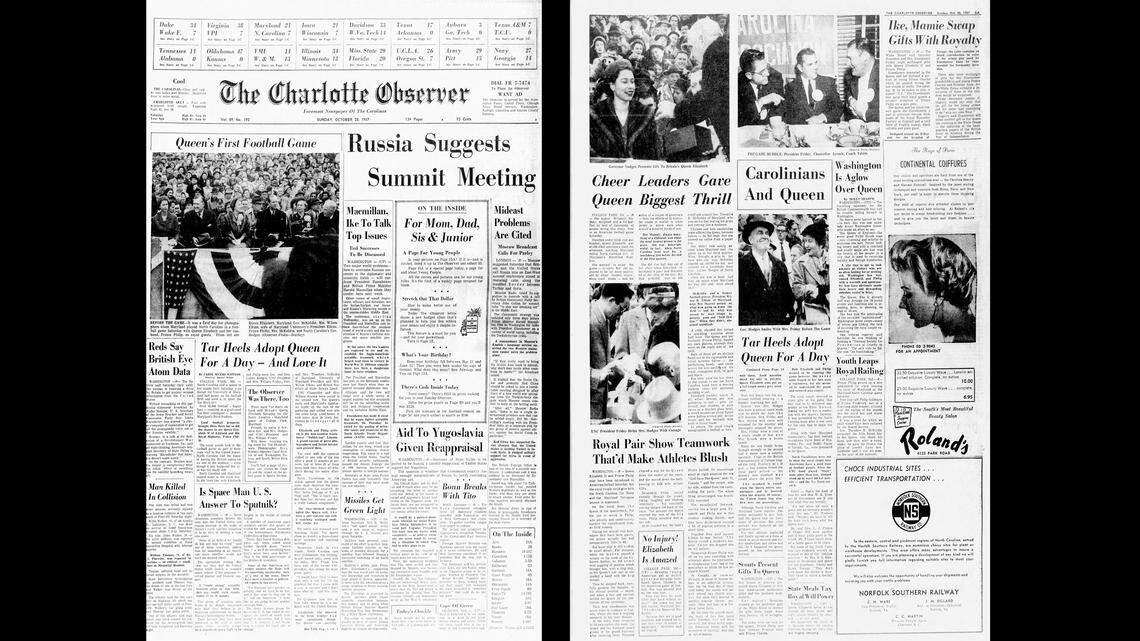 The front and third page of the Charlotte Observer on October 20, 1957.