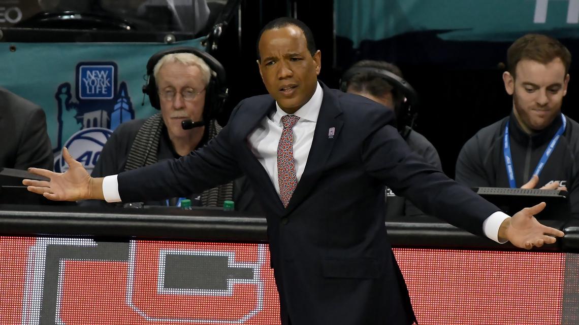N.C. State head coach Kevin Keatts questions a first half call against his team in the first half. N.C. State played Boston College during the Second Round of the ACC  Tournament  at the Barclays Center in Brooklyn, N.Y. Wednesday, March 7, 2018.