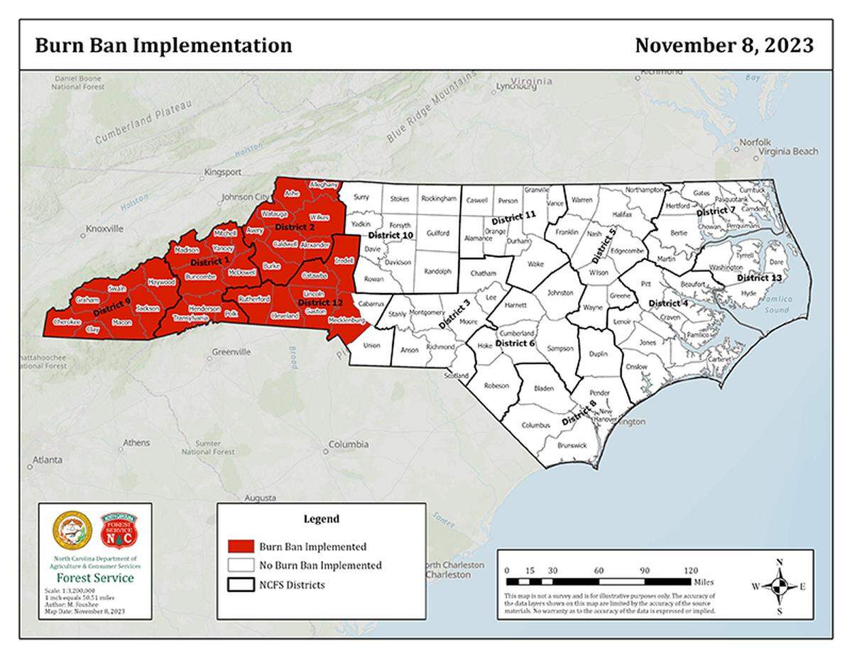 Burning restrictions and bans in place in Western North Carolina affect the Pisgah and Nantahala National Forests along with 13 N.C. State Park campgrounds. Dry conditions and warm temperatures have contributed to wildfires.