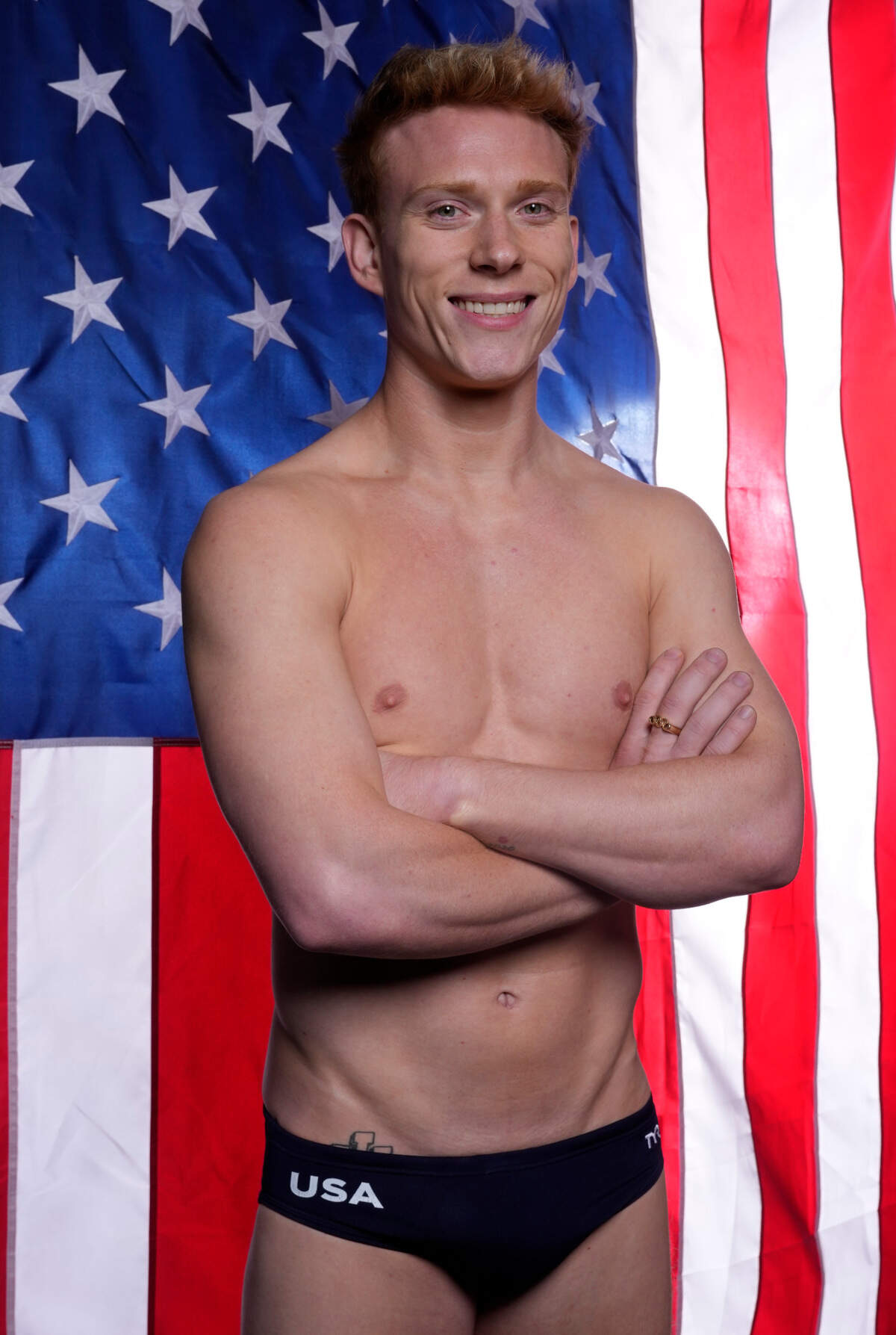 Apr 16, 2024; New York, New York, USA; U.S. Olympic athlete Andrew Capobianco poses for a photo at the USOC Media Summit in preparation for the Paris 2024 Olympic Summer Games at Marriott Marquis.