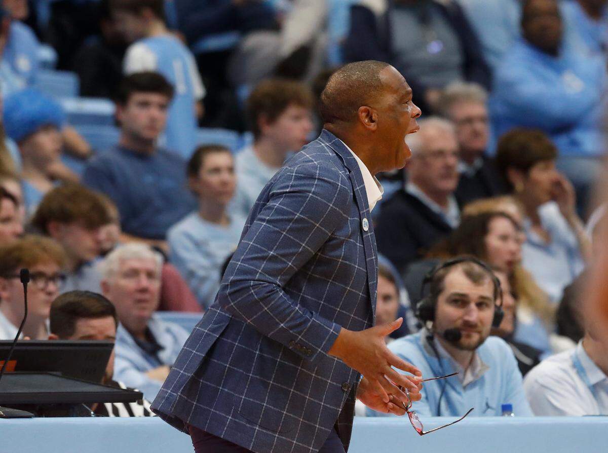 North Carolina head coach Hubert Davis reacts during the second half of the Tar Heels’ 93-67 win over La Salle on Saturday, Dec. 14, 2024, at the Smith Center in Chapel Hill, N.C.