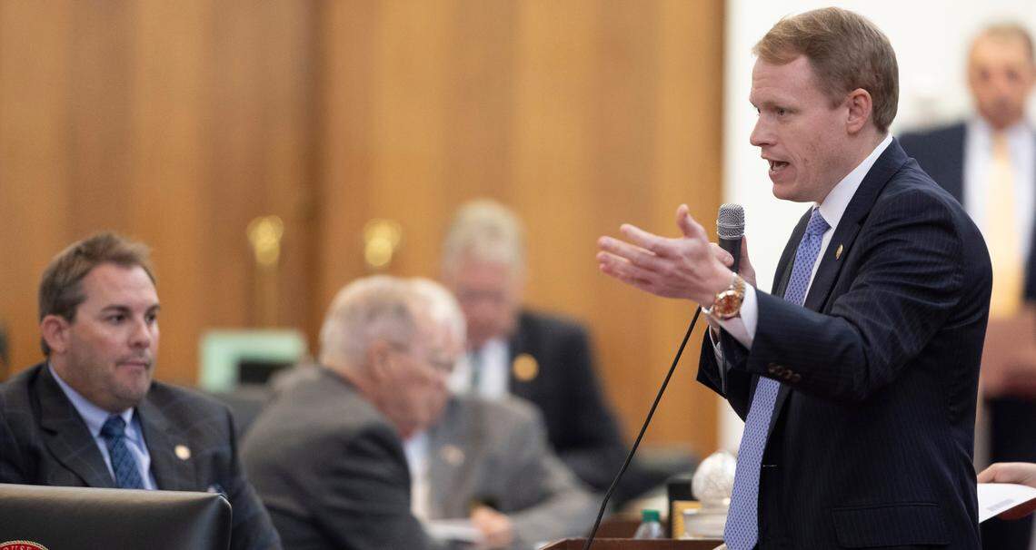 Rep. Destin Hall of Lenoir, N.C., asks for support of SB 749 during debate on the House floor on Tuesday, September 19. 2023 in Raleigh, N.C. SB 749 would create evenly-split election boards across the state and allow the legislature, rather than the governor to appoint members.