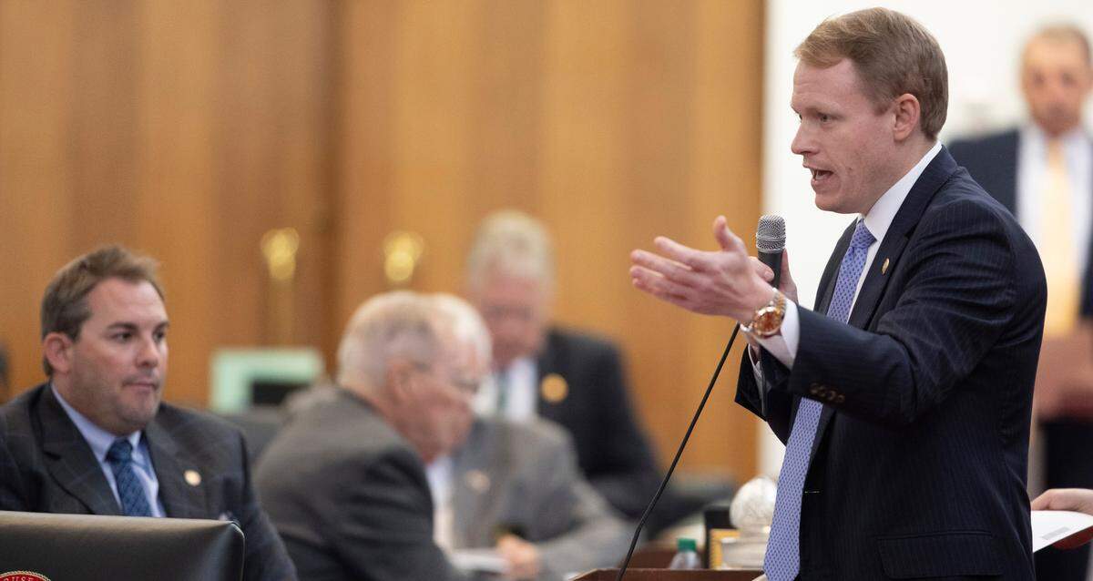 Rep. Destin Hall of Lenoir, N.C., asks for support of SB 749 during debate on the House floor on Tuesday, September 19. 2023 in Raleigh, N.C. SB 749 would create evenly-split election boards across the state and allow the legislature, rather than the governor to appoint members.