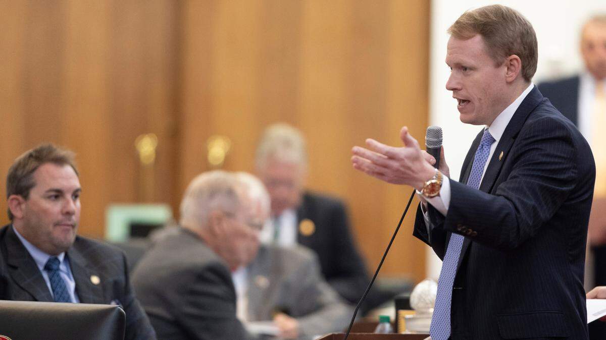Rep. Destin Hall introduced an amendment to Senate Bill 749 that would immediately give Agriculture Commissioner Steve Troxler the ability to appoint two members of the Environmental Management Commission, meaning Gov. Roy Cooper will appoint a minority of the commission. Here, Hall is shown debating SB 749 on the House floor on Tuesday.