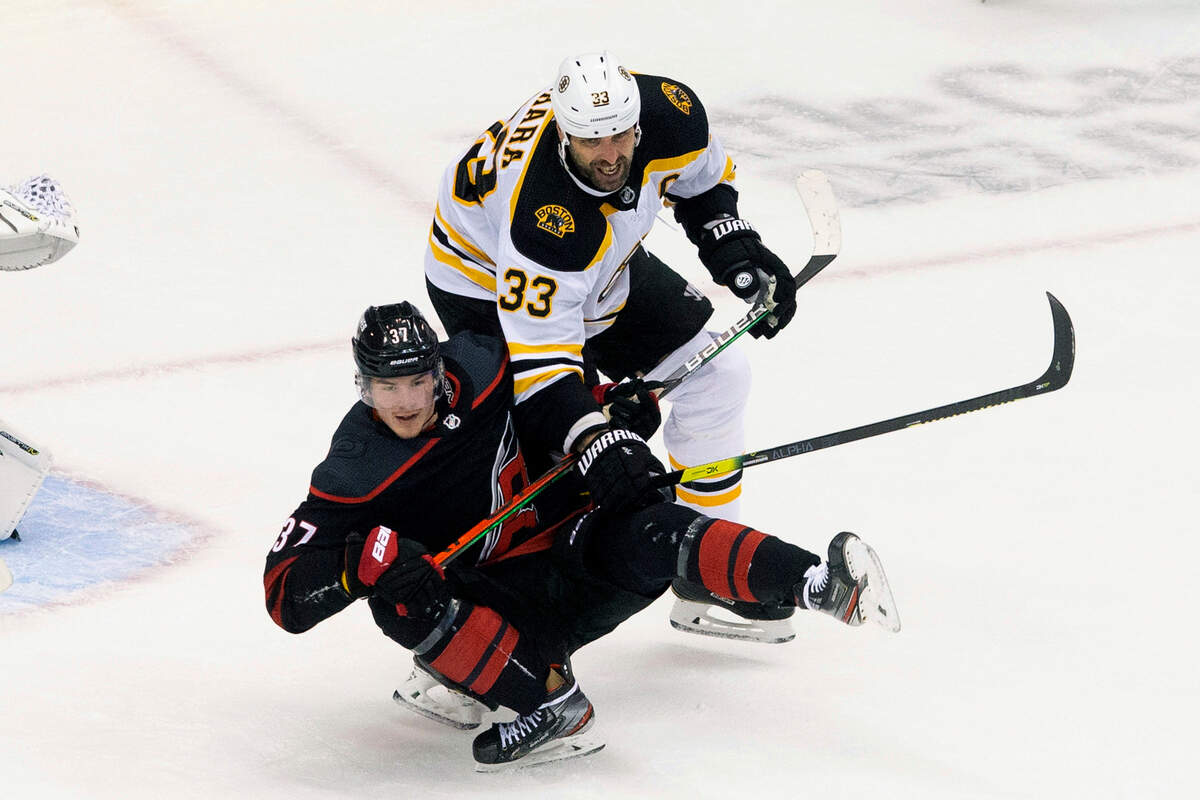 Carolina Hurricanes’ Andrei Svechnikov (37) is taken down by Boston Bruins’ Zdeno Chara (33) during third period NHL Eastern Conference Stanley Cup playoff game in Toronto on Saturday, Aug. 15, 2020. (Chris Young/The Canadian Press via AP)