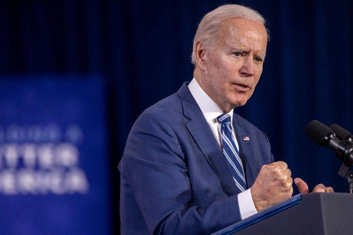 President Joe Biden speaks about the economy during a visit to North Carolina A&T State University in Greensboro Thursday, April 14, 2022.