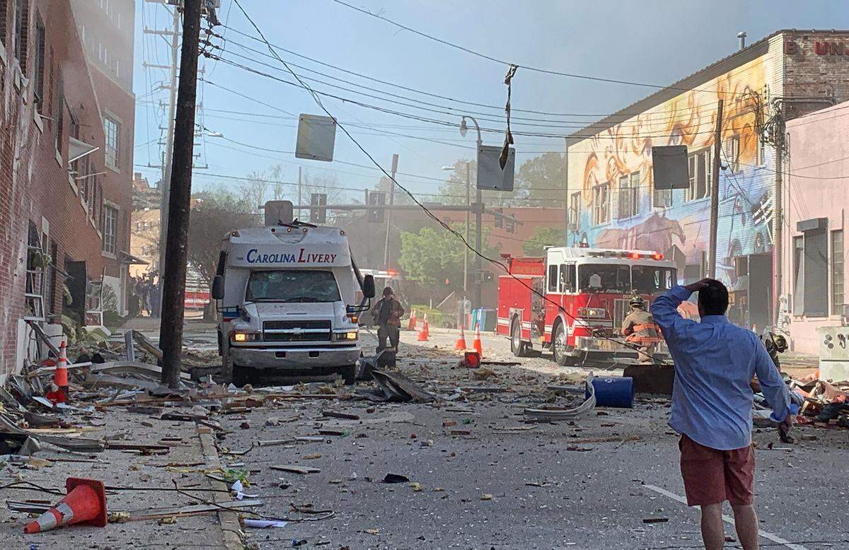 The scene in downtown Durham, NC moments after a gas explosion that killed at least one and injured several Wednesday morning, April 10, 2019.