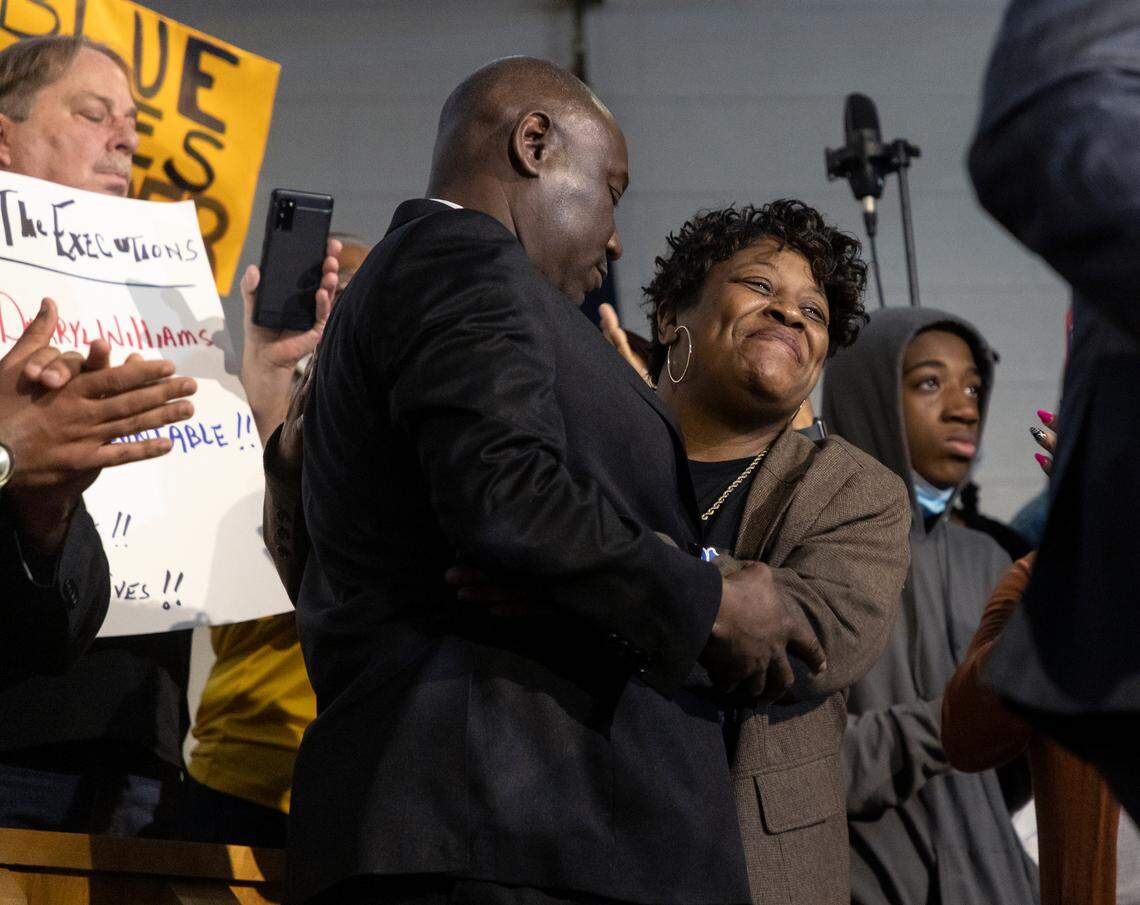 Sonya Williams, mother of Darryl Williams, smiles while standing with attorney Ben Crump during a press conference held to call for charges against Raleigh police officers in the death of Darryl Williams on Thursday, Feb. 16, 2023, at Mount Peace Baptist Church in Raleigh, N.C. Darryl Williams died in police custody on Jan. 17.