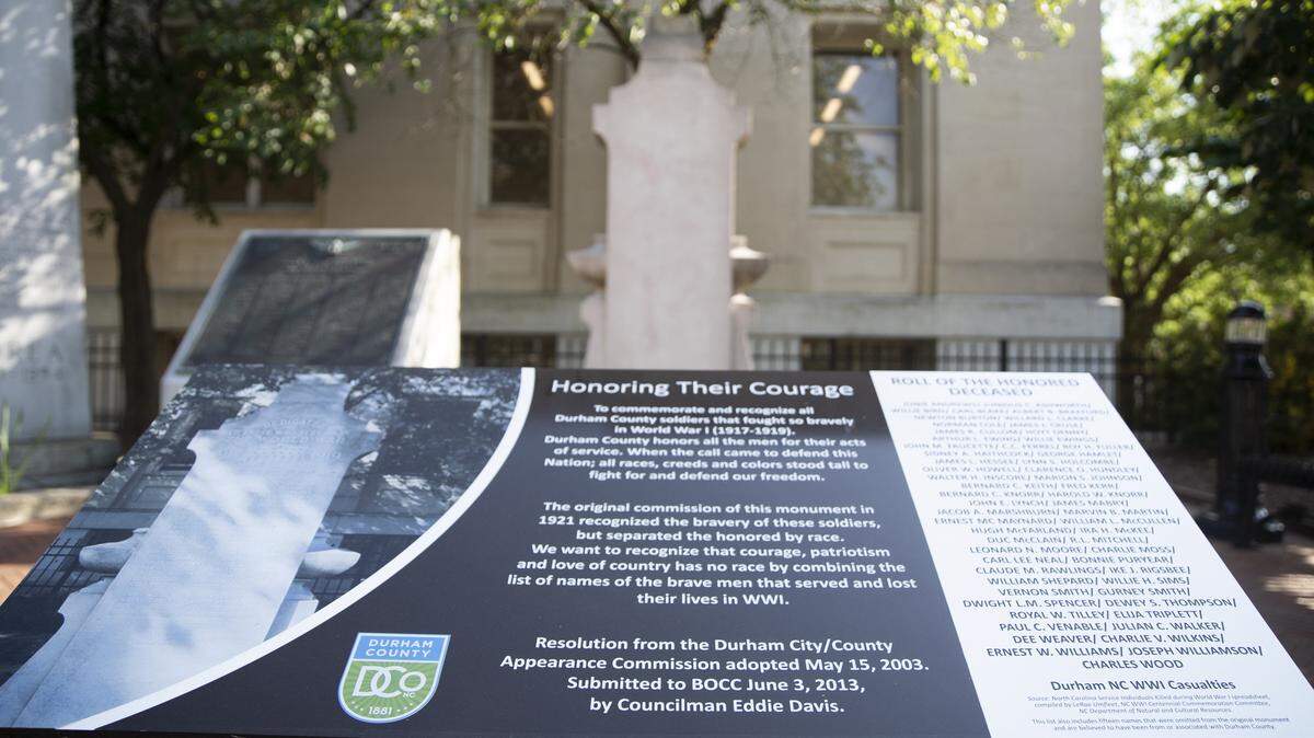 In 1921, a statue was erected to honor World War I soldiers from Durham who died during the war between 1917-1919. When commissioned, the statue listed the names of white soldiers separately from the names of Black soldiers. In March 2021, a commemorative sign was installed to combine the names of white and Black soldiers who died in the war.