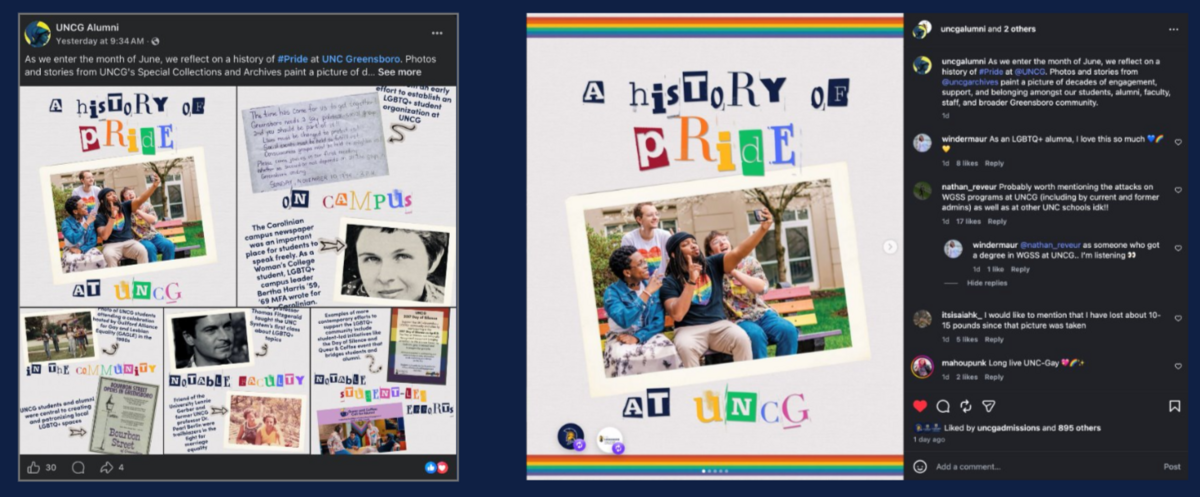 Screenshots of UNC Greensboro Alumni’s deleted Pride Month posts on Facebook and Instagram.