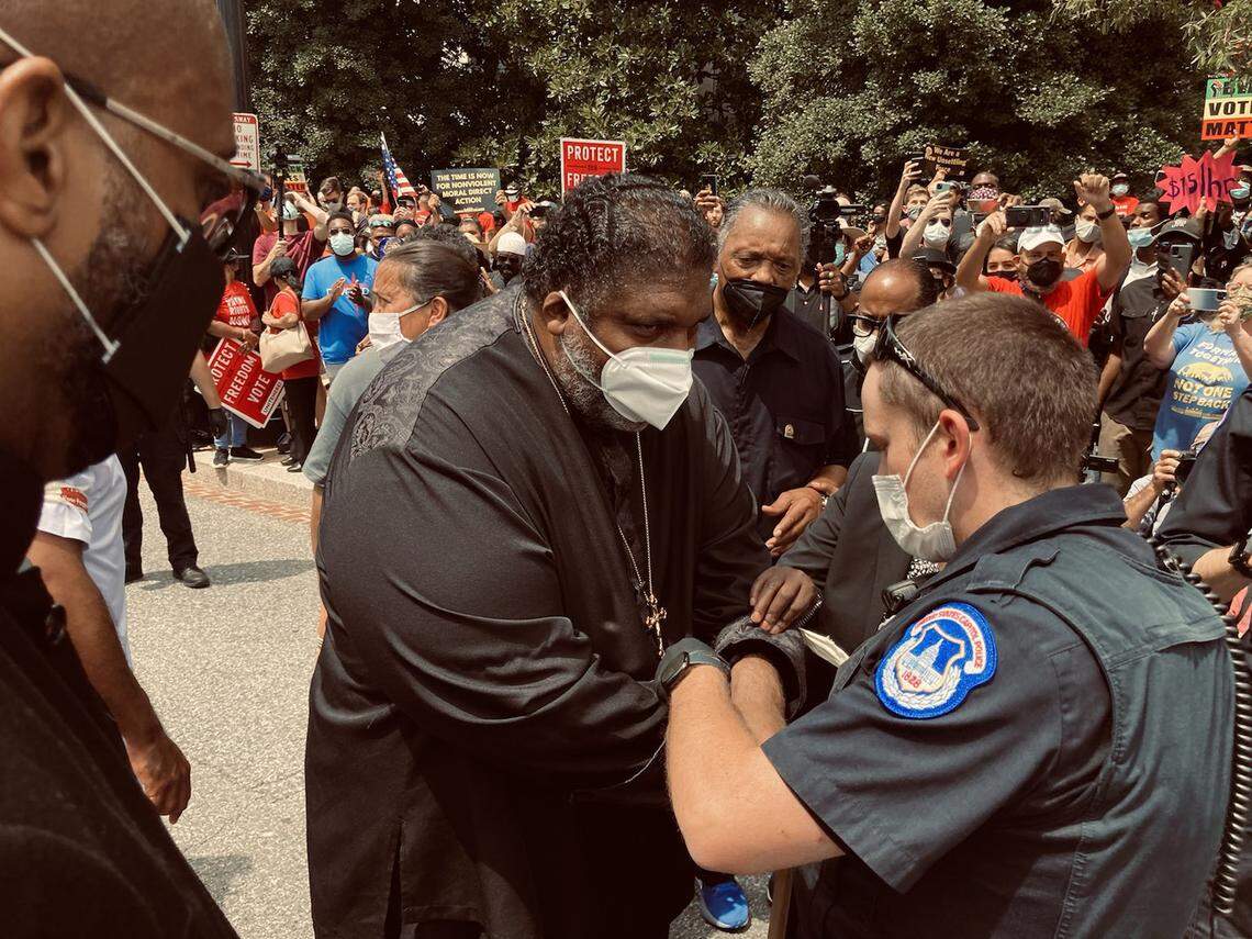The Rev. William J. Barber II is arrested by U.S. Capitol Police during a protest in Washington Aug. 2, 2021. 