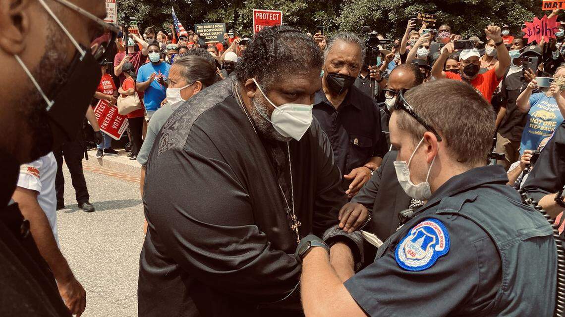 The Rev. William J. Barber II is arrested by U.S. Capitol Police during a protest in Washington Aug. 2, 2021. 
