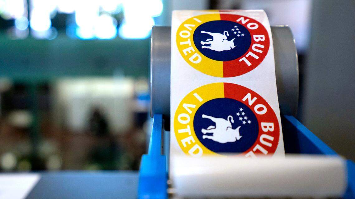 Durham “I Voted” stickers sit at the polling site at N.C. Central University School of Law in Durham, N.C. in May 2022.