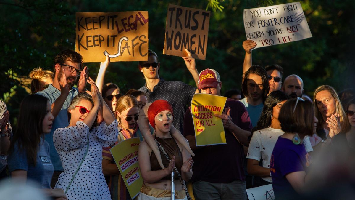 Abortion rights supporters rally against abortion ban legislation Tuesday, May 21, 2019 at A Woman’s Choice of Raleigh clinic.