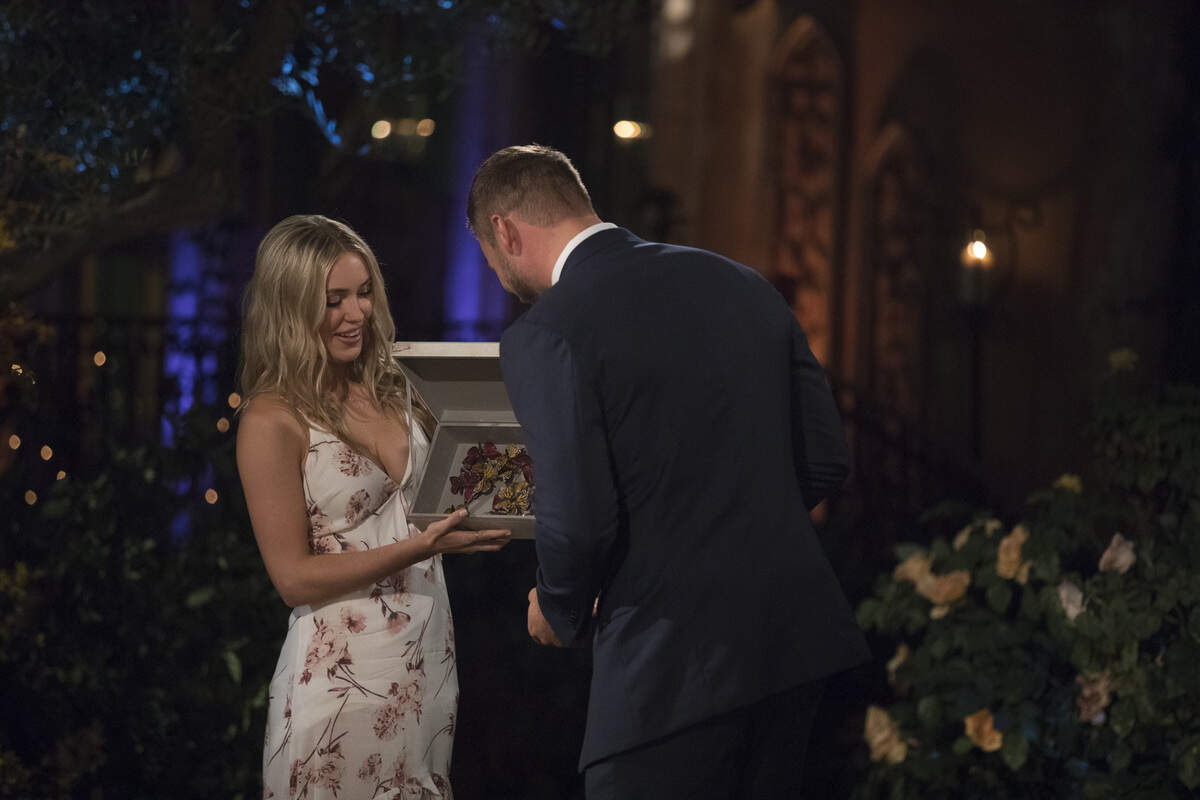 Cassie Randolph, left, first meeting Colton Underwood in the Season 23 premiere of “The Bachelor.”