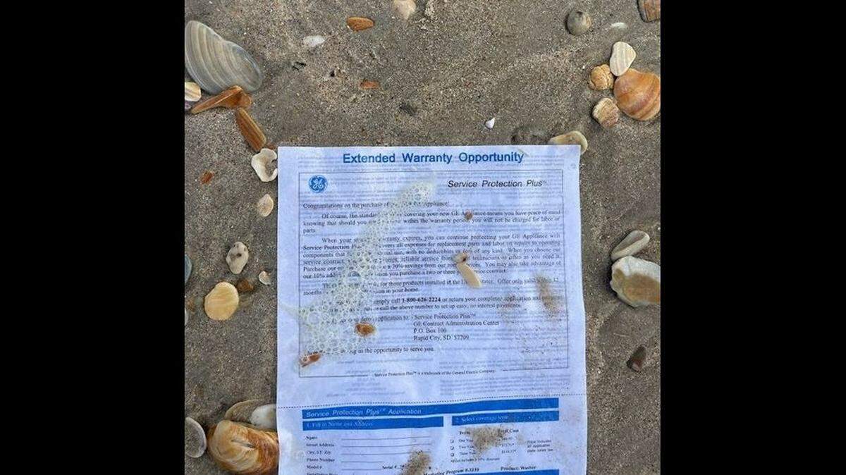 This extended warranty agreement was found on a beach at Cape Hatteras National Seashore on North Carolina’s Outer Banks.