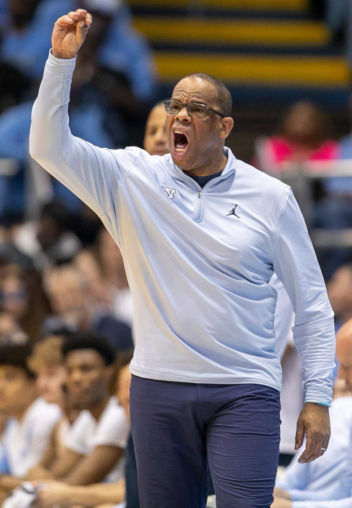 North Carolina coach Hubert Davis directs his team in the first half against Virginia during the first half on Saturday, February 25, 2023 at the Smith Center in Chapel Hill, N.C.