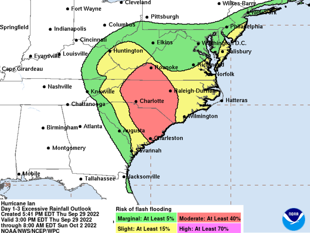 Here is a look at the potential for flash flooding in North Carolina due to Hurricane Ian as of Sept. 29, 2022, at 5 p.m.
