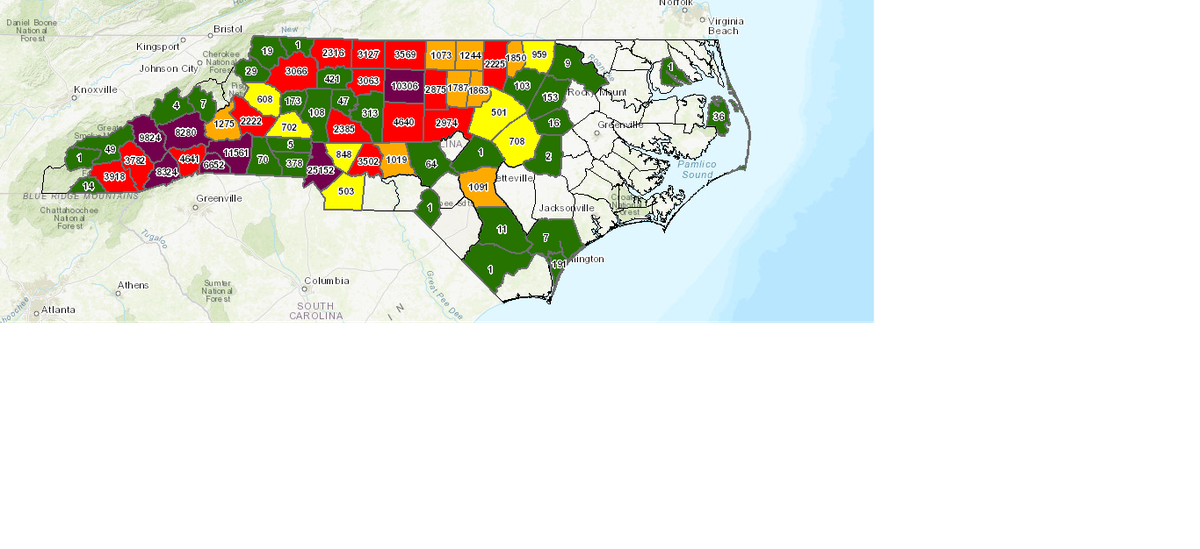 Power outages as of 8 a.m. Monday. For updated figures, go to ncdps.gov/power-outages.