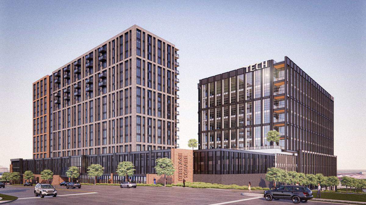 The first phase of Heritage Square, located along N.C. 147 and Fayetteville Street in Durham, will include a 13-story residential building and an 11-story office building.