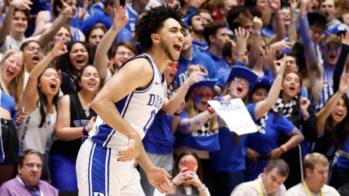 Duke’s Jared McCain (0) celebrates hitting a three-pointer during the second half of Duke’s 71-53 victory over Notre Dame at Cameron Indoor Stadium in Durham, N.C., Wednesday, Feb. 7, 2024.