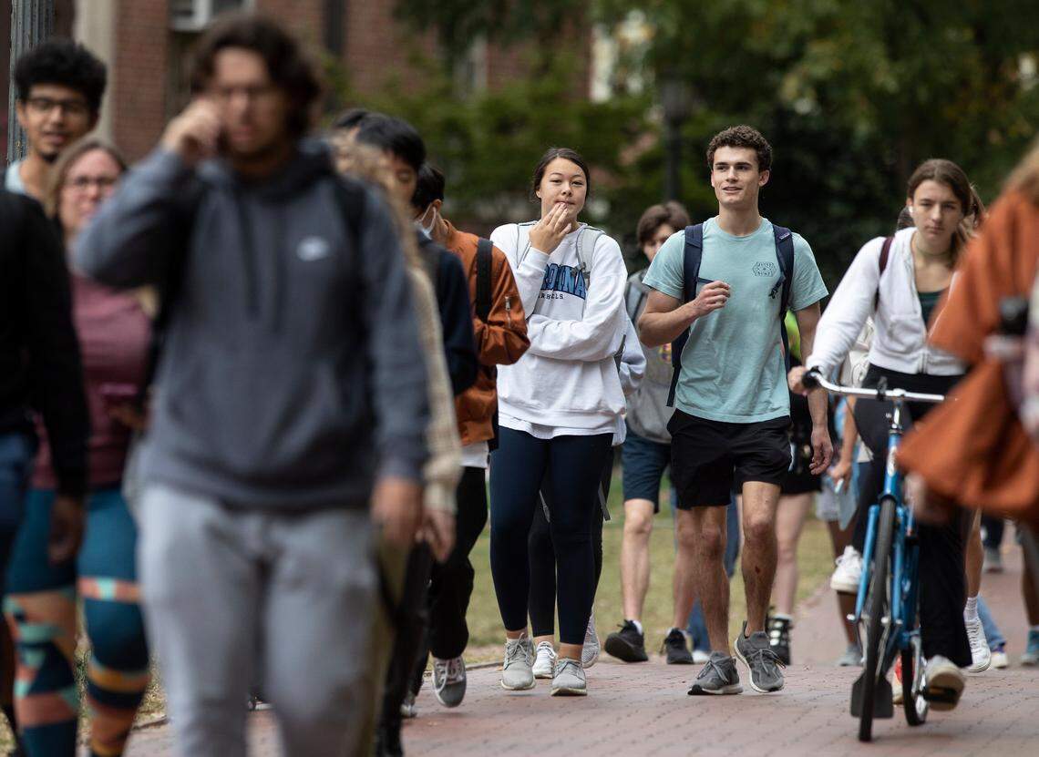 People walk through the campus of UNC-Chapel Hill on Monday, Oct. 31, 2022, in Chapel Hill, N.C. The U.S. Supreme Court on Monday will hear oral arguments in Students for Fair Admissions v. University of North Carolina, a case regarding race-conscious admission practices at institutions of higher education.