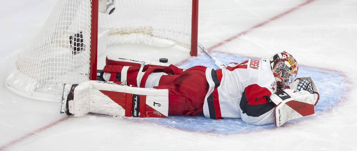 Carolina Hurricanes goalie Frederik Andersen (31) takes a moment to gather himself, after giving up a disallowed goal in the second period to Vegas, in Game 3 of the Stanley Cup Final, on Saturday, June 6, 2026 at T-Mobile Arena in Las Vegas, NV