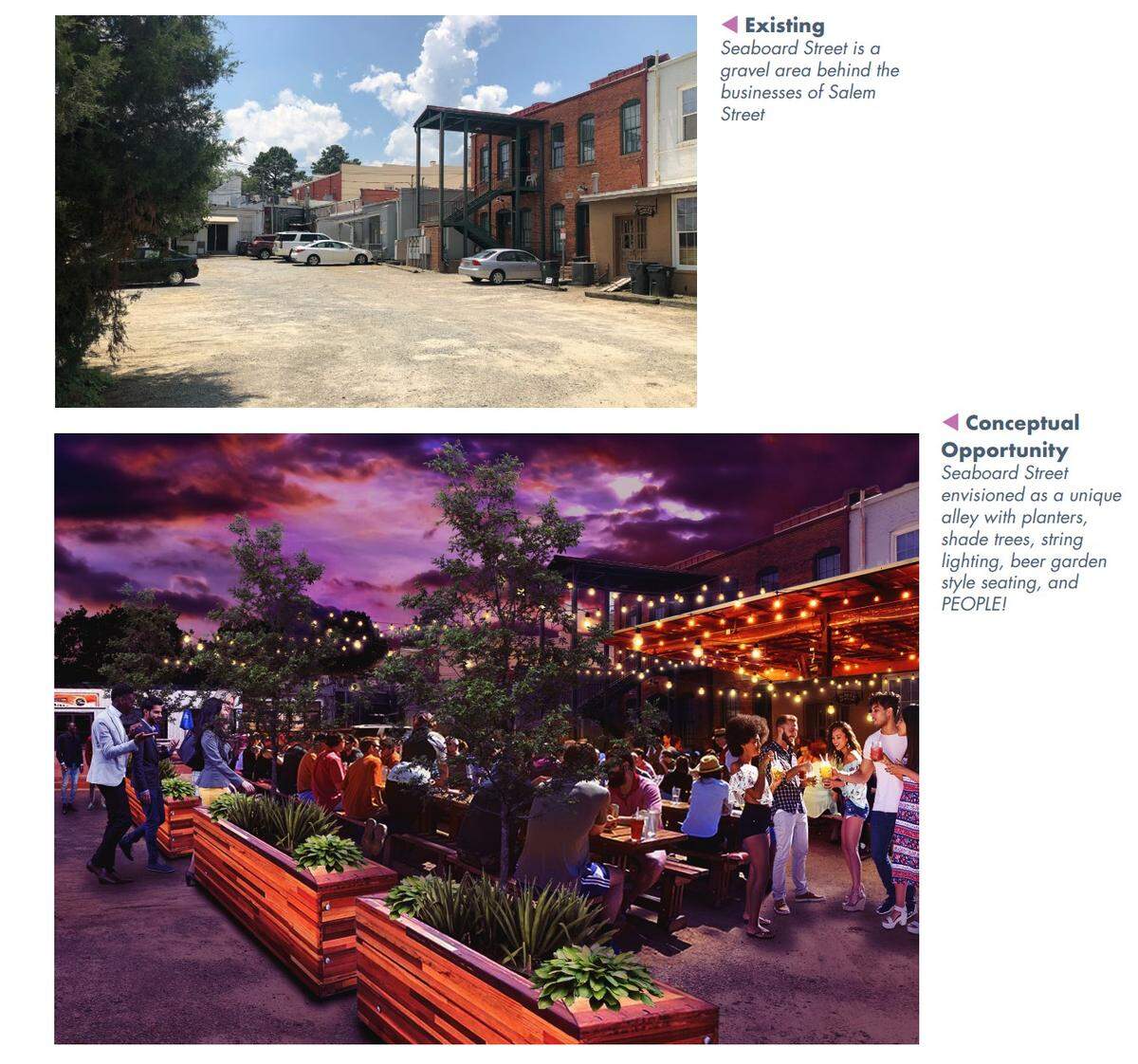 The Apex Downtown Master Plan shows renderings of redeveloped areas next to images of what they currently look like.